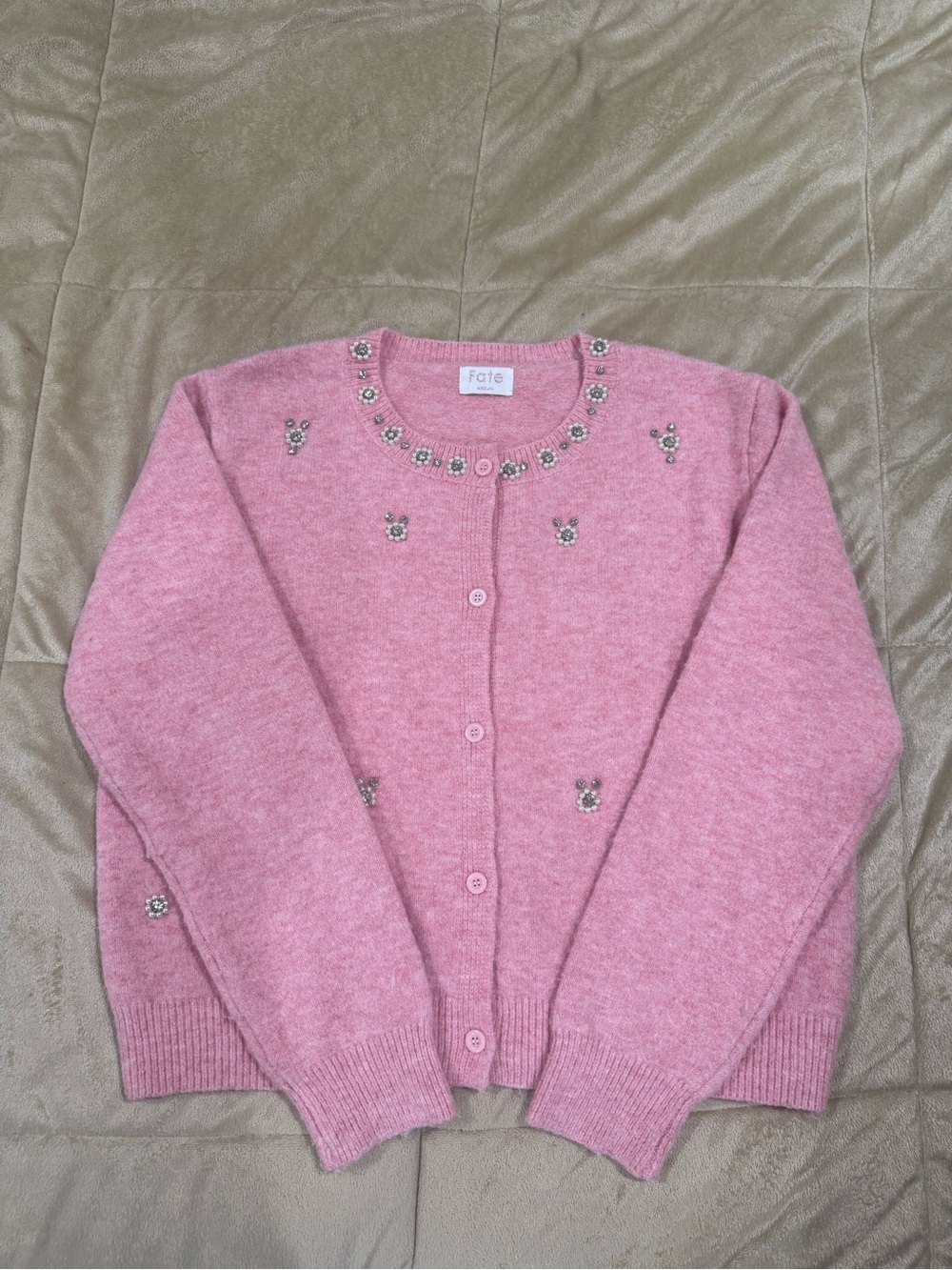 Fate Pink Jeweled Crewneck Button-Front Cardigan